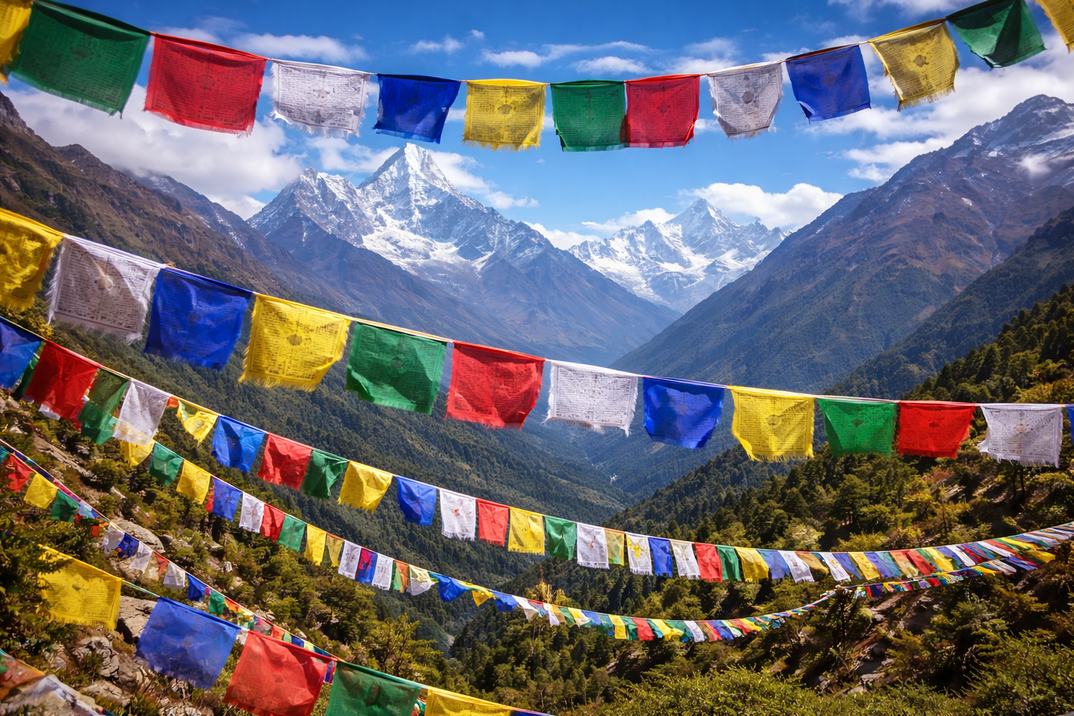 Colourful Buddhist prayer flags along the Himalayan trail
